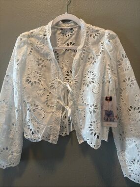 White Eyelet Tie-Front Cropped Women's Top